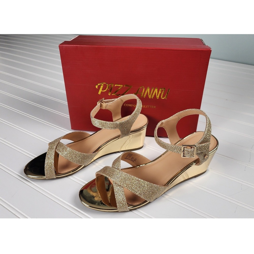 Pizzannu Wedge Sandals Women Size 9 Gold Glitter Ankle Strap